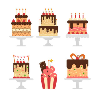 生日蛋糕小图标派对彩带气球庆祝蜡烛矢量图